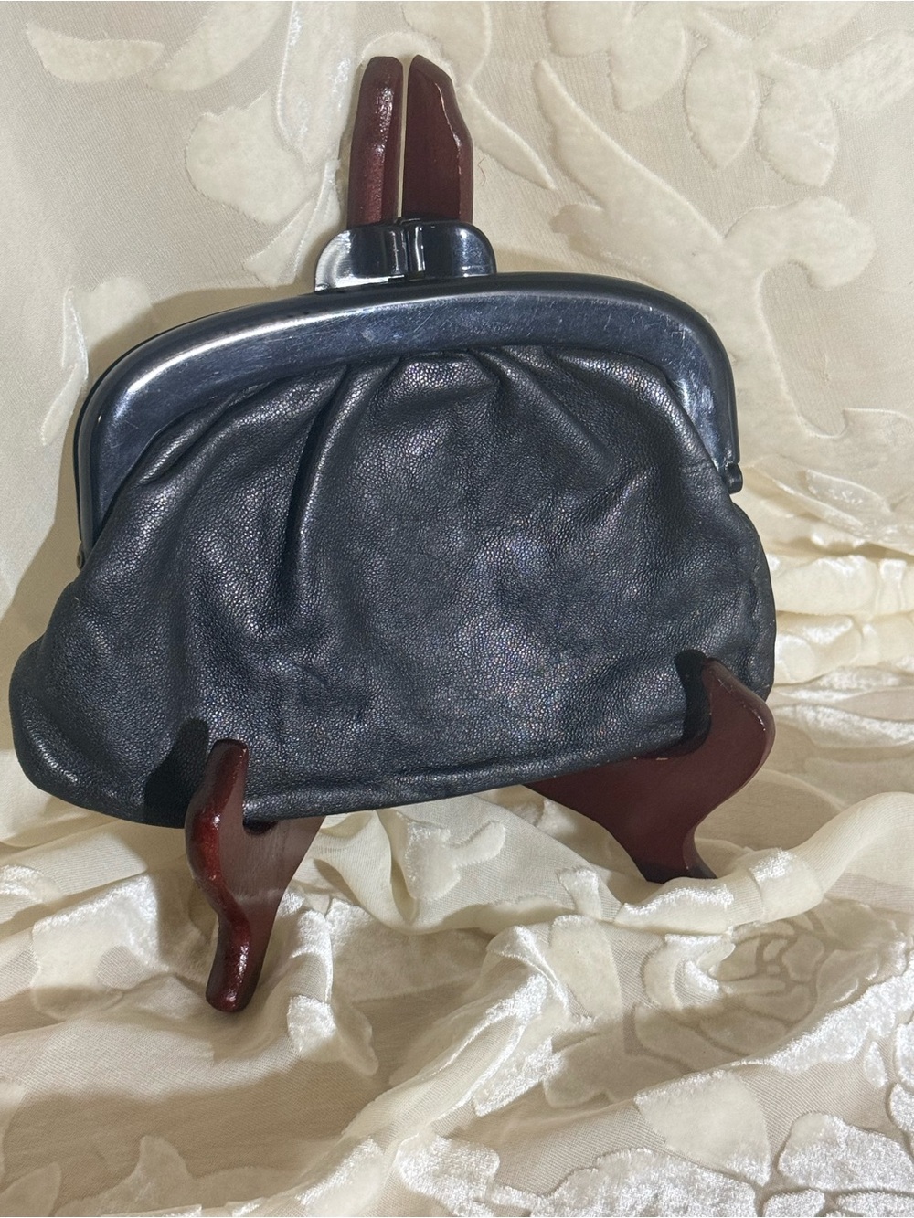 Vintage Italian Black Leather Clutch Lucite Frame Mid Century Kiss Lock Purse